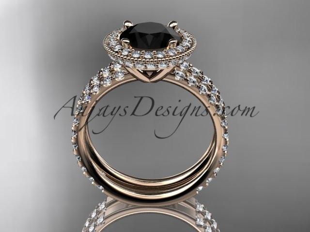 14kt rose gold diamond unique wedding ring, engagement ring with a Black Diamond center stone ADER106S - AnjaysDesigns