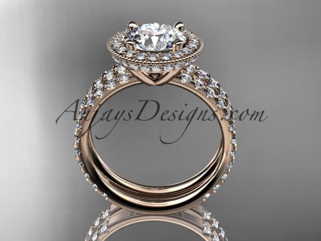 14kt rose gold diamond unique wedding ring, engagement set with a "Forever One" Moissanite center stone ADER106S - AnjaysDesigns