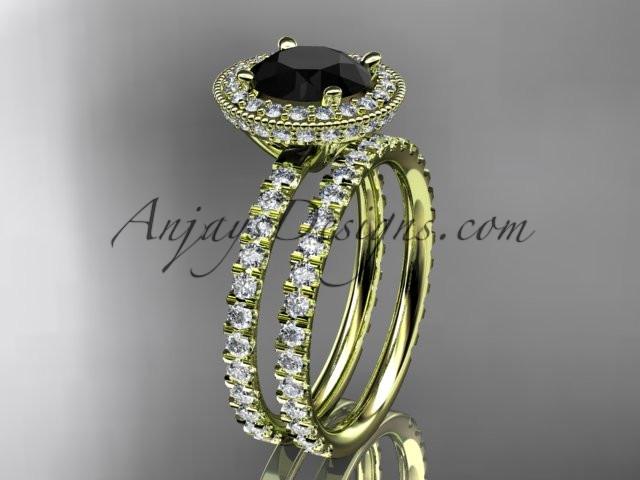 14kt yellow gold diamond unique wedding ring, engagement ring with a Black Diamond center stone ADER106S - AnjaysDesigns