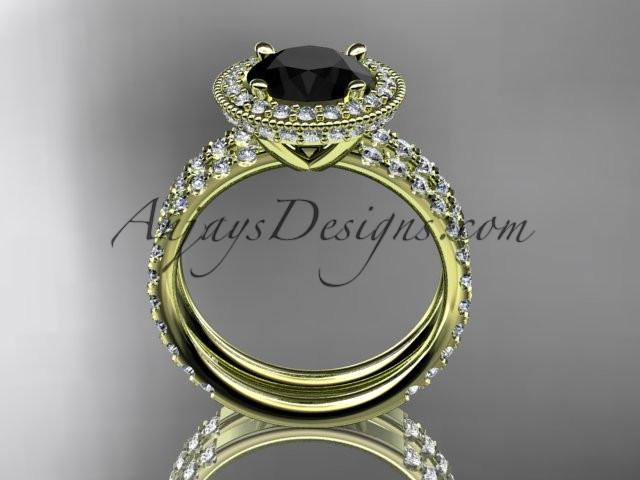 14kt yellow gold diamond unique wedding ring, engagement ring with a Black Diamond center stone ADER106S - AnjaysDesigns