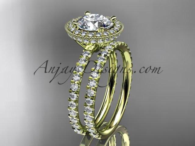 14kt yellow gold diamond unique wedding ring, engagement set with a "Forever One" Moissanite center stone ADER106S - AnjaysDesigns