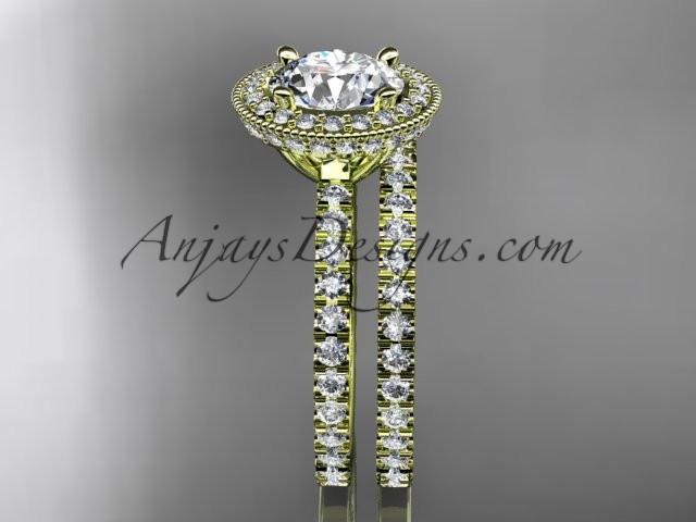 14kt yellow gold diamond unique wedding ring, engagement set with a "Forever One" Moissanite center stone ADER106S - AnjaysDesigns