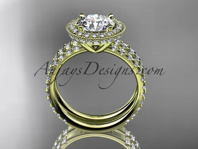 14kt yellow gold diamond unique wedding ring, engagement set with a "Forever One" Moissanite center stone ADER106S - AnjaysDesigns