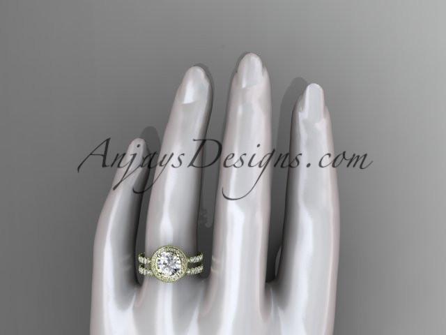14kt yellow gold diamond unique wedding ring, engagement set with a "Forever One" Moissanite center stone ADER106S - AnjaysDesigns