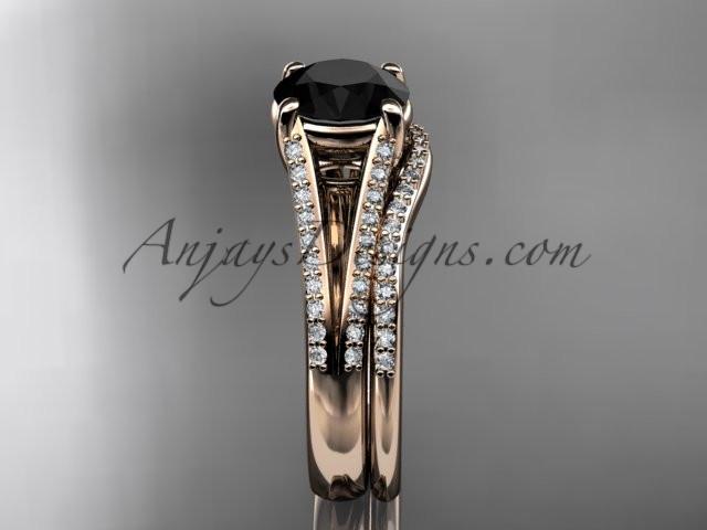 14kt rose gold diamond unique engagement set, wedding ring with a Black Diamond center stone ADER108S - AnjaysDesigns