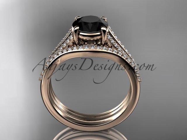 14kt rose gold diamond unique engagement set, wedding ring with a Black Diamond center stone ADER108S - AnjaysDesigns