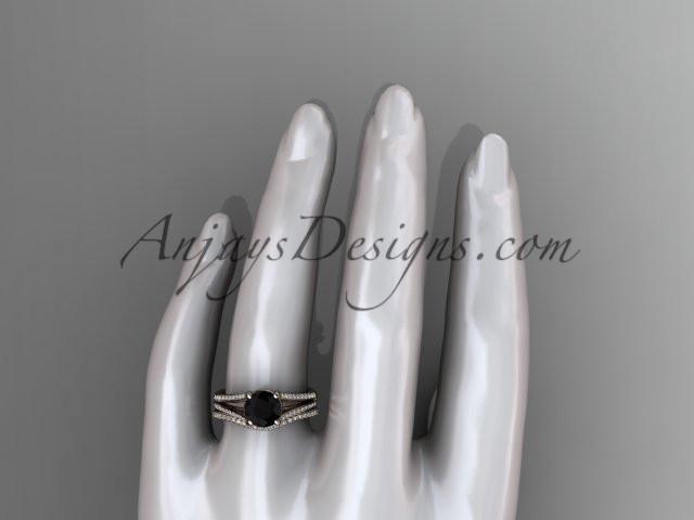 14kt rose gold diamond unique engagement set, wedding ring with a Black Diamond center stone ADER108S - AnjaysDesigns