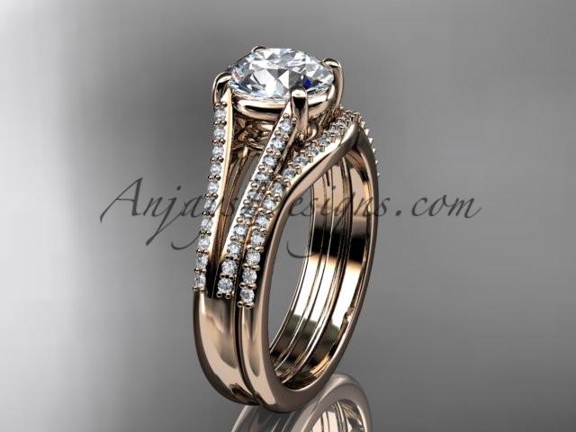 14kt rose gold diamond unique engagement set, wedding ring with a "Forever One" Moissanite center stone ADER108S - AnjaysDesigns