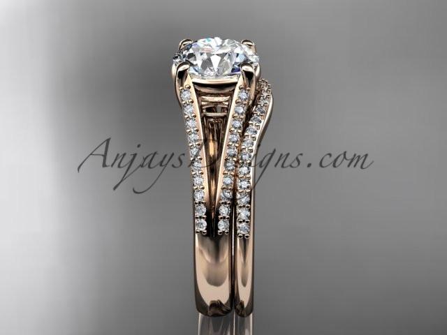 14kt rose gold diamond unique engagement set, wedding ring with a "Forever One" Moissanite center stone ADER108S - AnjaysDesigns