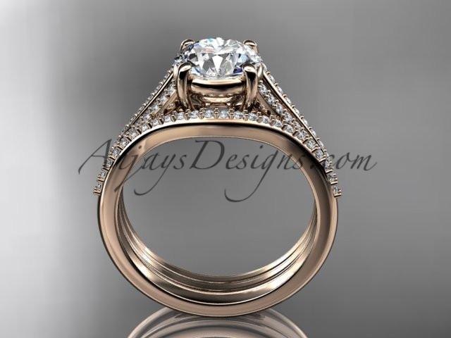 14kt rose gold diamond unique engagement set, wedding ring with a "Forever One" Moissanite center stone ADER108S - AnjaysDesigns