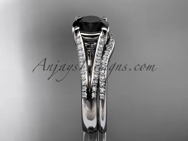 platinum diamond unique engagement set, wedding ring with a Black Diamond center stone ADER108S - AnjaysDesigns