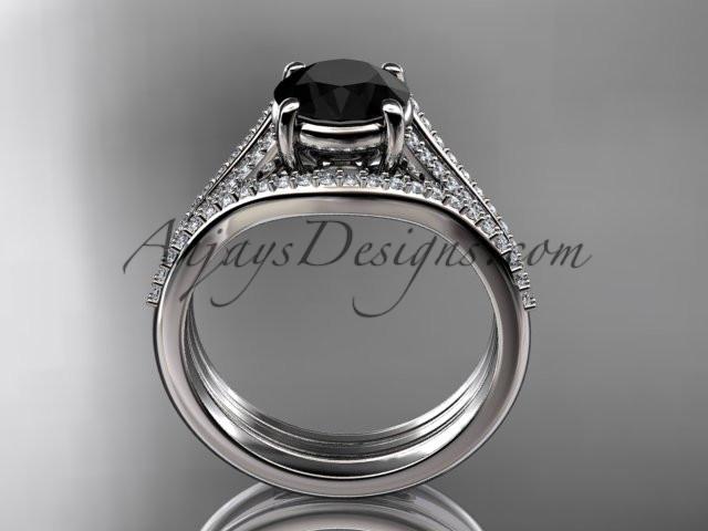 14kt white gold diamond unique engagement set, wedding ring with a Black Diamond center stone ADER108S - AnjaysDesigns