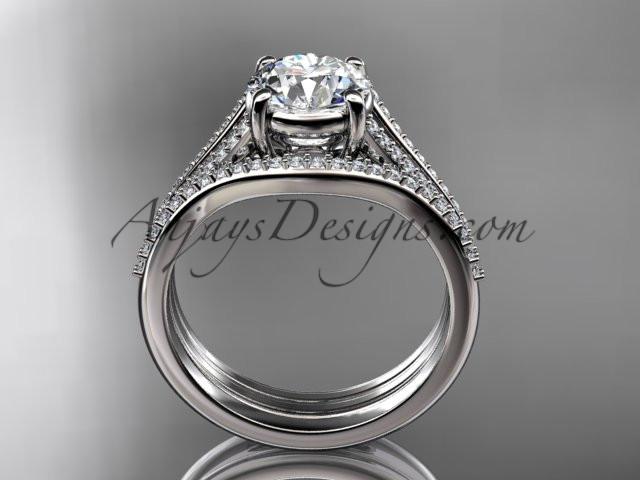 platinum diamond unique engagement set, wedding ring with a "Forever One" Moissanite center stone ADER108S - AnjaysDesigns