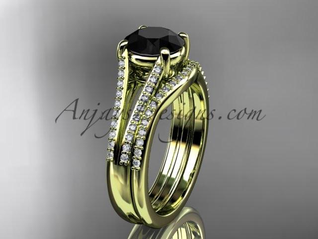 14kt yellow gold diamond unique engagement set, wedding ring with a Black Diamond center stone ADER108S - AnjaysDesigns