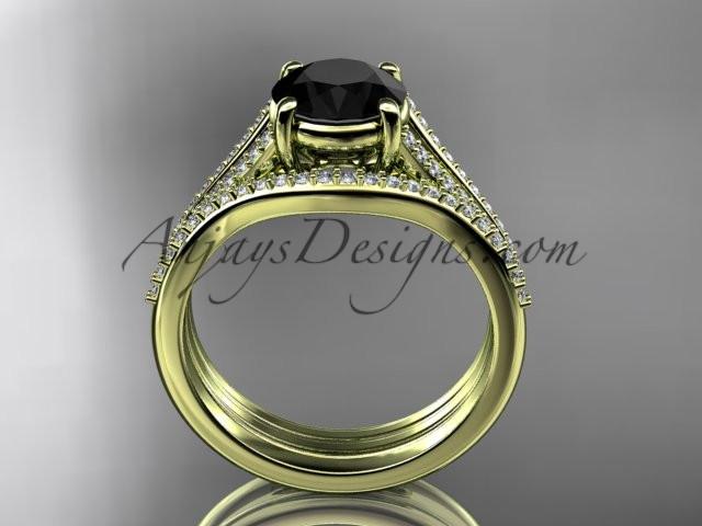 14kt yellow gold diamond unique engagement set, wedding ring with a Black Diamond center stone ADER108S - AnjaysDesigns