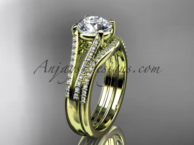 14kt yellow gold diamond unique engagement set, wedding ring with a "Forever One" Moissanite center stone ADER108S - AnjaysDesigns