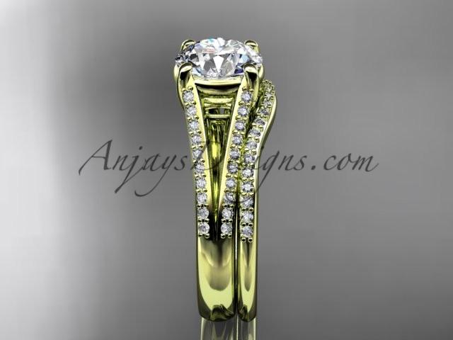 14kt yellow gold diamond unique engagement set, wedding ring with a "Forever One" Moissanite center stone ADER108S - AnjaysDesigns