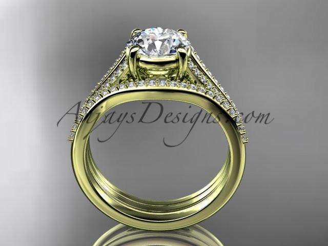14kt yellow gold diamond unique engagement set, wedding ring with a "Forever One" Moissanite center stone ADER108S - AnjaysDesigns