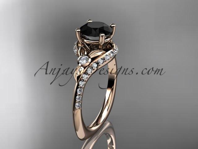 14kt rose gold diamond leaf and vine engagement ring with a Black Diamond center stone ADLR112 - AnjaysDesigns