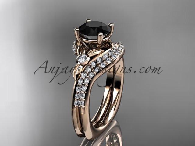 14kt rose gold diamond leaf and vine engagement ring set with a Black Diamond center stone ADLR112S - AnjaysDesigns