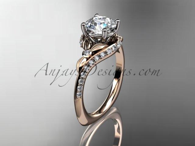 14kt rose gold diamond leaf and vine engagement ring with a "Forever One" Moissanite center stone ADLR112 - AnjaysDesigns