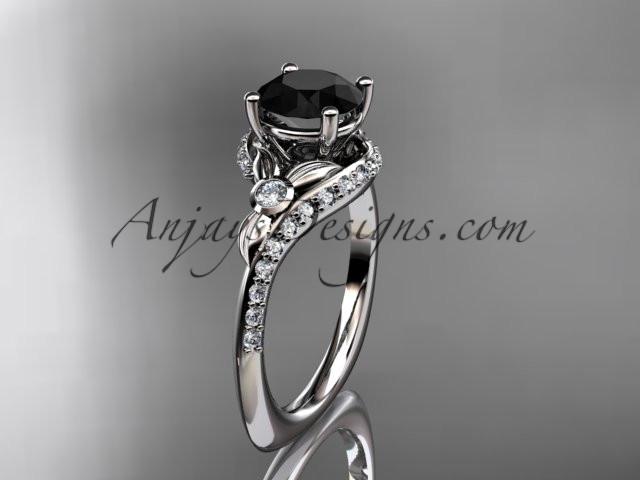 platinum diamond leaf and vine engagement ring with a Black Diamond center stone ADLR112 - AnjaysDesigns