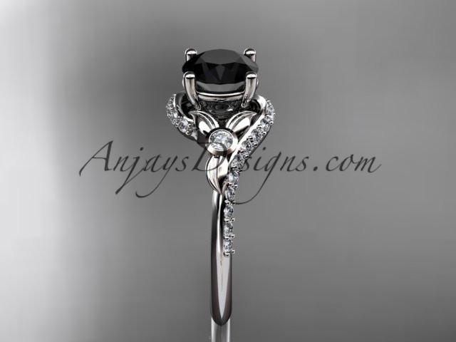 14kt white gold diamond leaf and vine engagement ring with a Black Diamond center stone ADLR112 - AnjaysDesigns