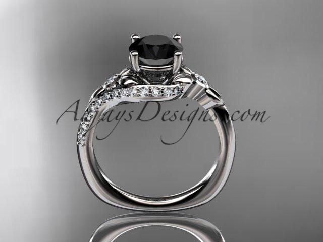 platinum diamond leaf and vine engagement ring with a Black Diamond center stone ADLR112 - AnjaysDesigns