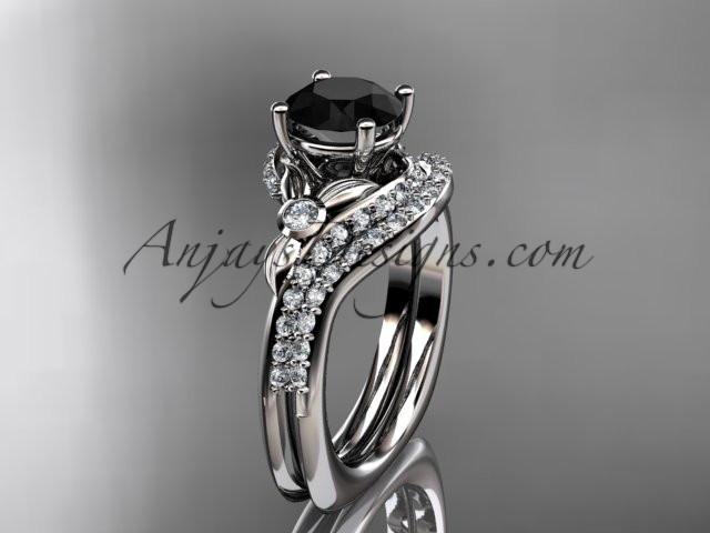 platinum diamond leaf and vine engagement ring set with a Black Diamond center stone ADLR112S - AnjaysDesigns