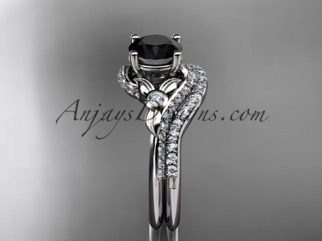 platinum diamond leaf and vine engagement ring set with a Black Diamond center stone ADLR112S - AnjaysDesigns