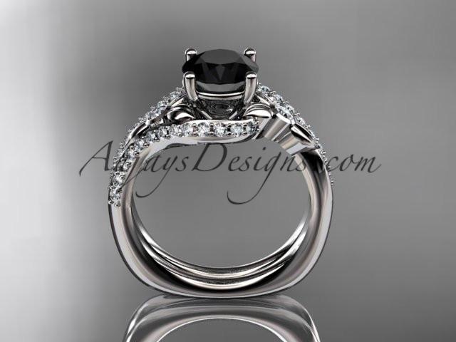 14kt white gold diamond leaf and vine engagement ring set with a Black Diamond center stone ADLR112S - AnjaysDesigns