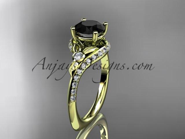 14kt yellow gold diamond leaf and vine engagement ring with a Black Diamond center stone ADLR112 - AnjaysDesigns