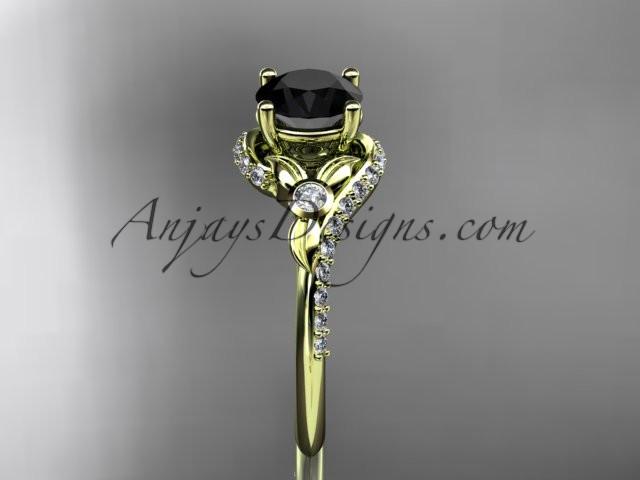 14kt yellow gold diamond leaf and vine engagement ring with a Black Diamond center stone ADLR112 - AnjaysDesigns