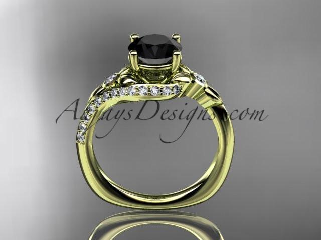 14kt yellow gold diamond leaf and vine engagement ring with a Black Diamond center stone ADLR112 - AnjaysDesigns