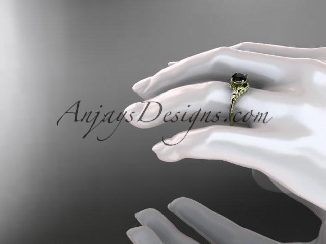 14kt yellow gold diamond leaf and vine engagement ring with a Black Diamond center stone ADLR112 - AnjaysDesigns