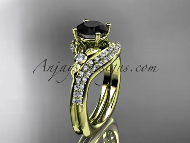 14kt yellow gold diamond leaf and vine engagement ring set with a Black Diamond center stone ADLR112S - AnjaysDesigns