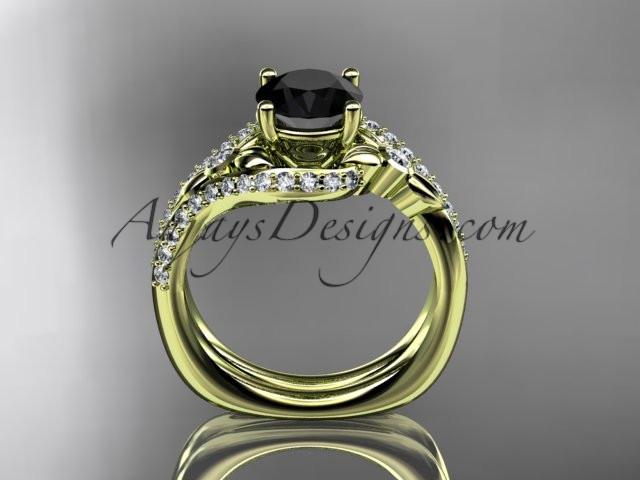 14kt yellow gold diamond leaf and vine engagement ring set with a Black Diamond center stone ADLR112S - AnjaysDesigns