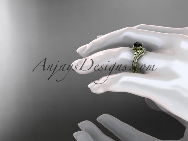 14kt yellow gold diamond leaf and vine engagement ring set with a Black Diamond center stone ADLR112S - AnjaysDesigns
