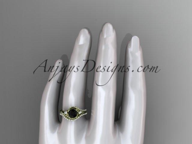 14kt yellow gold diamond leaf and vine engagement ring set with a Black Diamond center stone ADLR112S - AnjaysDesigns