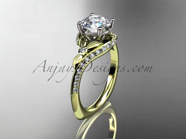 14kt yellow gold diamond leaf and vine engagement ring with a "Forever One" Moissanite center stone ADLR112 - AnjaysDesigns