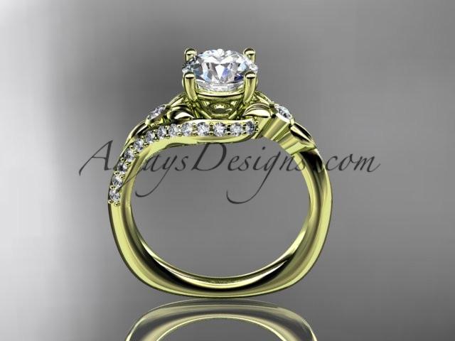 14kt yellow gold diamond leaf and vine engagement ring with a "Forever One" Moissanite center stone ADLR112 - AnjaysDesigns