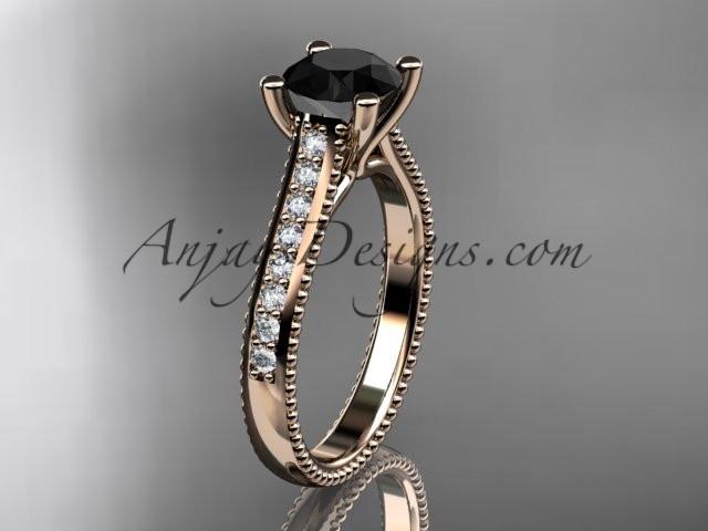 14kt rose gold diamond unique engagement ring, wedding ring with a Black Diamond center stone ADER116 - AnjaysDesigns