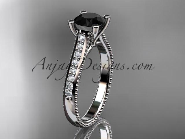 14kt white gold diamond unique engagement ring, wedding ring with a Black Diamond center stone ADER116 - AnjaysDesigns