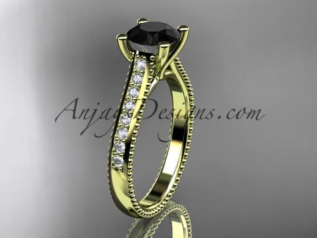 14kt yellow gold diamond unique engagement ring, wedding ring with a Black Diamond center stone ADER116 - AnjaysDesigns