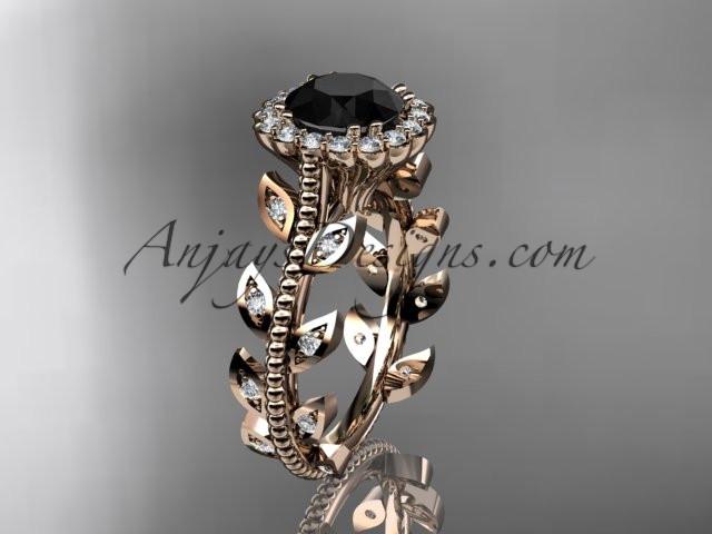 14k rose gold diamond leaf and vine wedding ring, engagement ring with a Black Diamond center stone ADLR118 - AnjaysDesigns, Black Diamond Engagement Rings - Jewelry, Anjays Designs - AnjaysDesigns, AnjaysDesigns - AnjaysDesigns.co, 