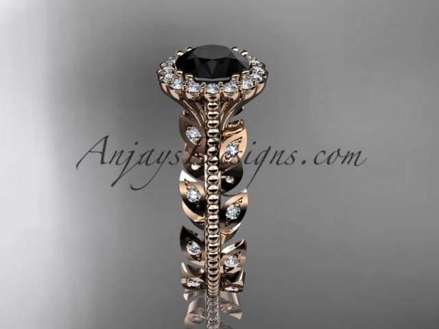 14k rose gold diamond leaf and vine wedding ring, engagement ring with a Black Diamond center stone ADLR118 - AnjaysDesigns, Black Diamond Engagement Rings - Jewelry, Anjays Designs - AnjaysDesigns, AnjaysDesigns - AnjaysDesigns.co, 