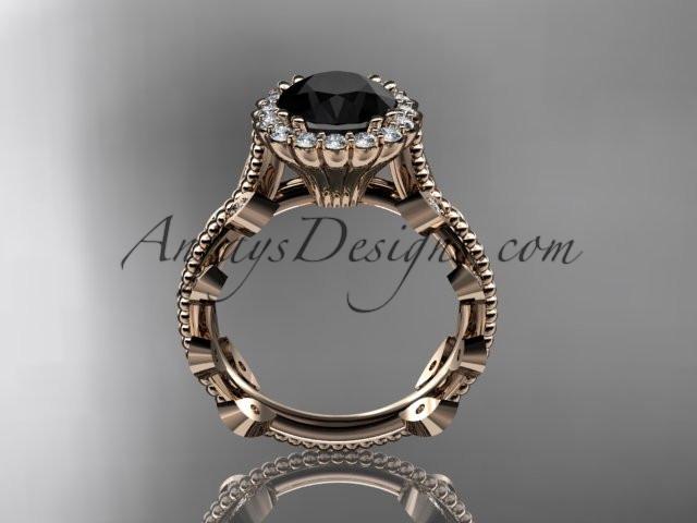 14k rose gold diamond leaf and vine wedding ring, engagement ring with a Black Diamond center stone ADLR118 - AnjaysDesigns, Black Diamond Engagement Rings - Jewelry, Anjays Designs - AnjaysDesigns, AnjaysDesigns - AnjaysDesigns.co, 