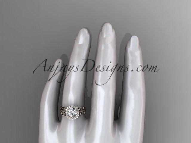 14k rose gold diamond leaf and vine wedding ring, engagement ring with a "Forever One" Moissanite center stone ADLR118 - AnjaysDesigns, Moissanite Engagement Rings - Jewelry, Anjays Designs - AnjaysDesigns, AnjaysDesigns - AnjaysDesigns.co, 