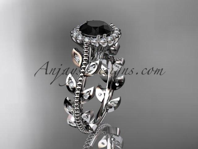 14k white gold diamond leaf and vine wedding ring, engagement ring with a Black Diamond center stone ADLR118 - AnjaysDesigns