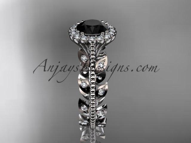 14k white gold diamond leaf and vine wedding ring, engagement ring with a Black Diamond center stone ADLR118 - AnjaysDesigns